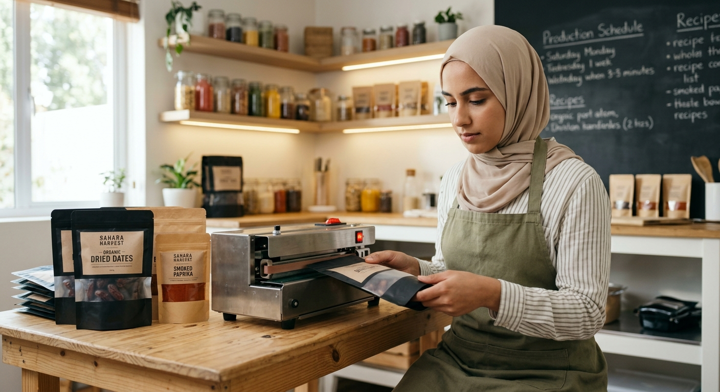 بهترین دستگاه بسته بندی برای کسب و کار خانگی | دستگاه بسته‌بندی خانگی در حال کار در کارگاه کوچک و مدرن.